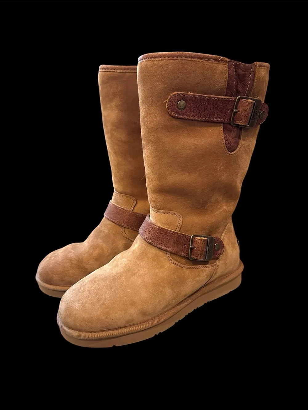 UGG Sutter Mid-Calf Boots Women’s US 6 Tan Suede Buckle Faux Shearling Lined